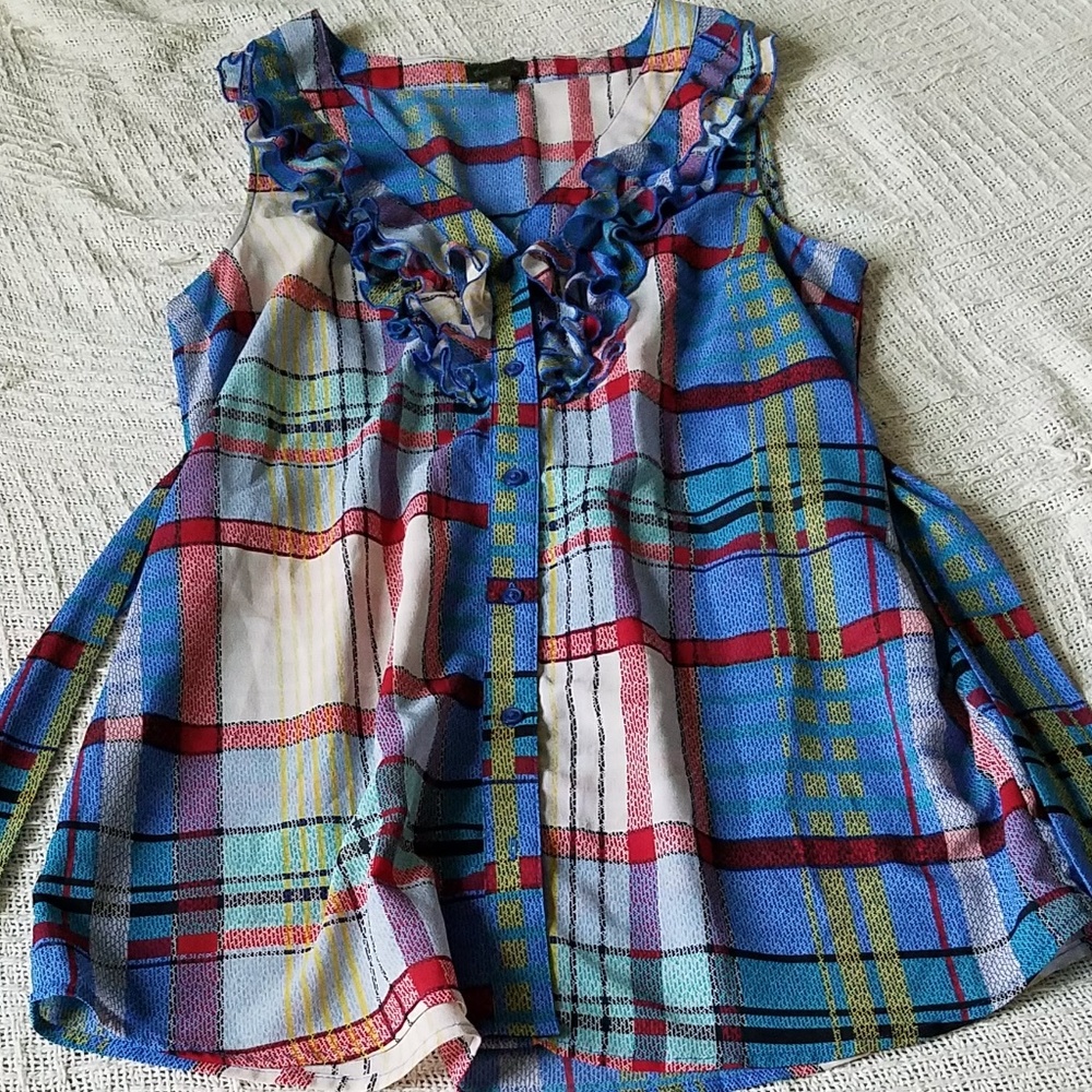 FEI Plaid Sheer Sleeveless Blouse with Ruffles
